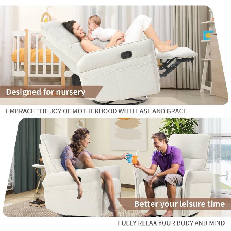 360° Swivel Rocking Recliner Chair, Manual Glider with Footrest, Modern Padded Lounge Chair for Small Spaces, Side Pockets