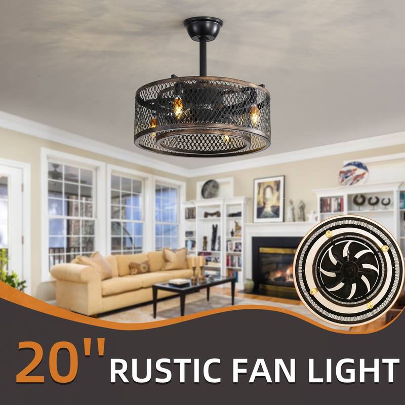 Vintage Cage Style Ceiling Fan Light with Lighting and 6 Speed Settings, DC Motor for Bedroom and Living Room