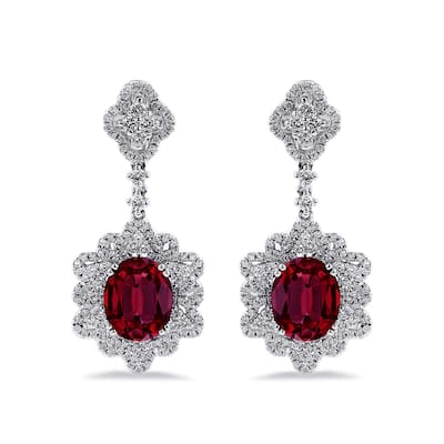 Auriya 5 3/4ct Fancy Oval-cut Red Ruby Halo Diamond Drop Earrings 1 1/4ctw 18k Gold