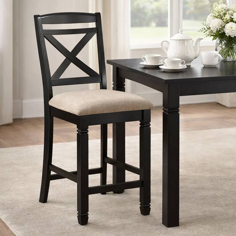 Fabric Upholstered Set of 2 Wooden Counter Height Chairs with X Design Backrest, Brown