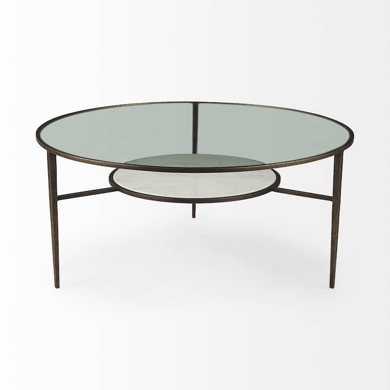 Felicity Glass Top w/White Marble Shelf & Antique Gold Base Coffee Table