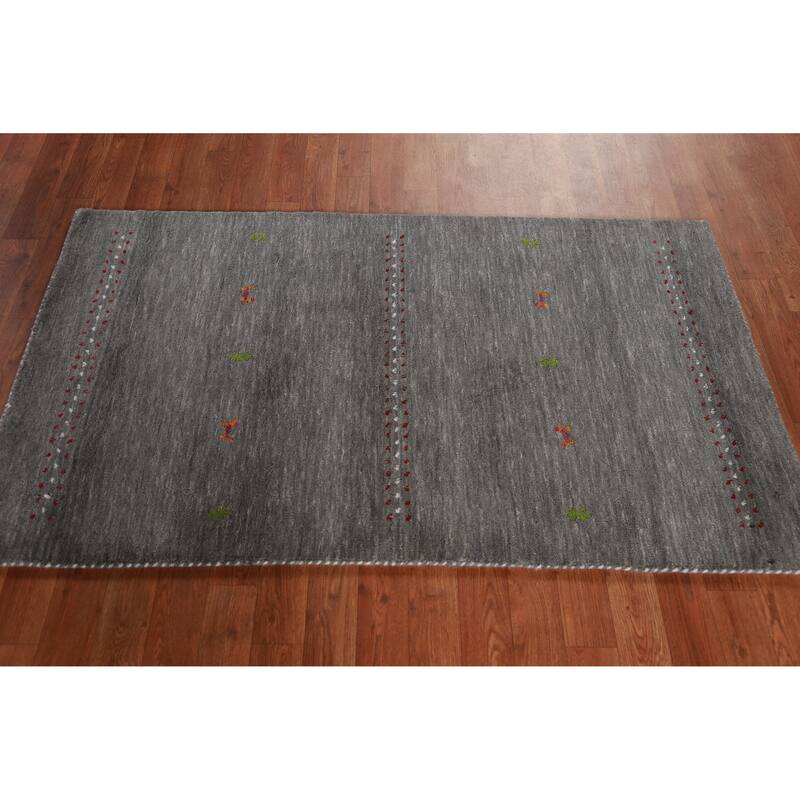 Hand Knotted Oriental 100% Wool Carpet Tribal Animal Pictorial Greys & Charcoal Gabbeh Area Rug - 4' 11'' X 3' 0''