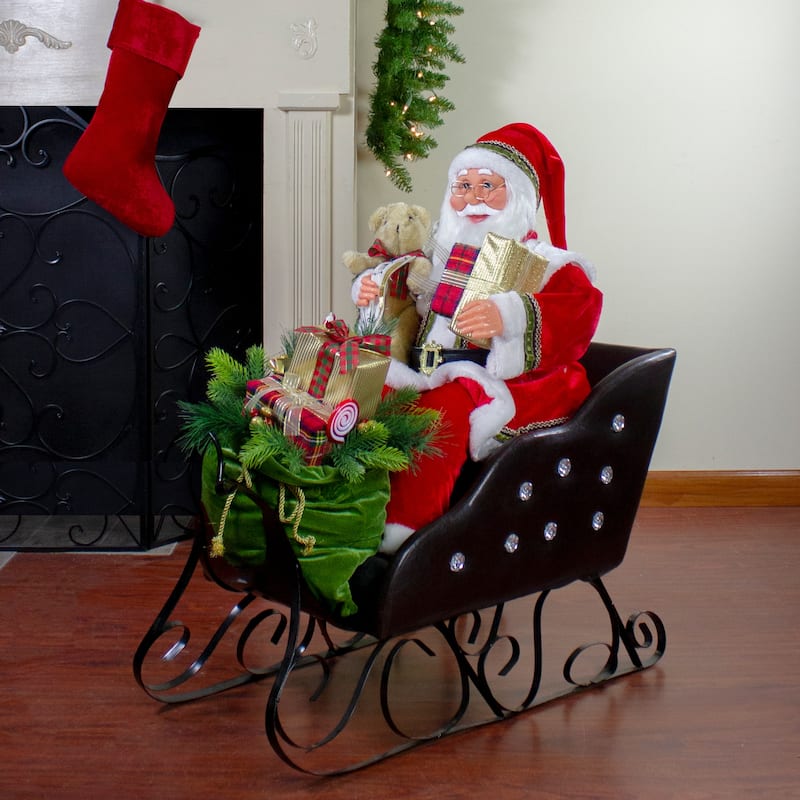32" Red Traditional Jolly Santa Claus in Jewel Sleigh Christmas Figurine