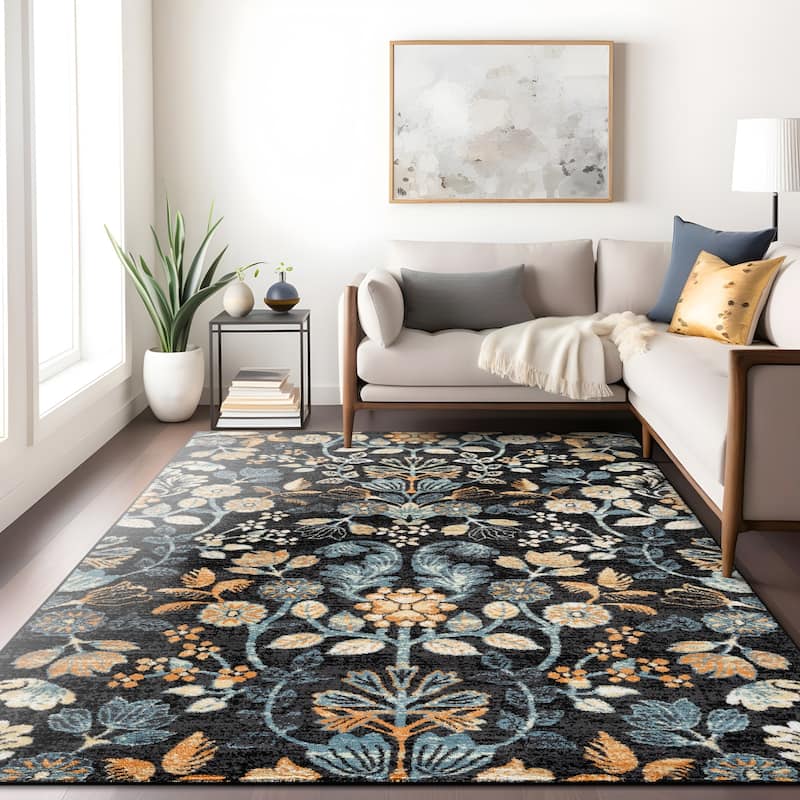 Black Multi Symmetrical Floral Stylish and Durable Area Rug - 7' 10" x 10'