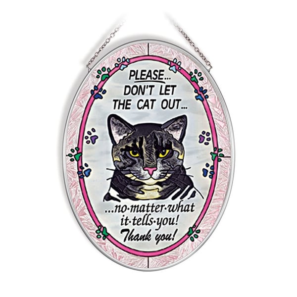 Pink and Blue Please Don't Let The Cat Out Oval Glass Wall Art Decor 7.25" x 5.50" - N/A