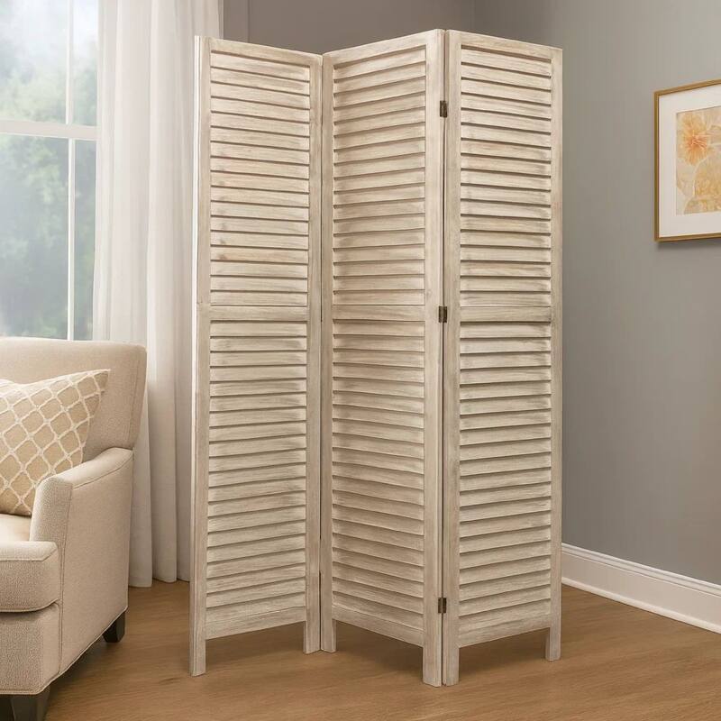 67 Inch 3 Panel Shutter Screen with Fitted Slats, Weathered White