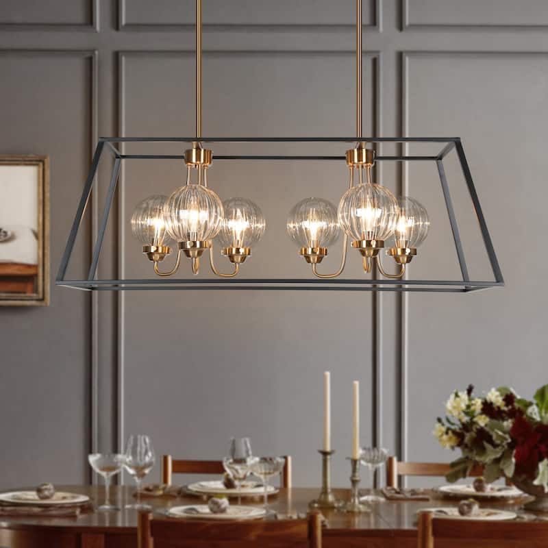 Modern Farmhouse 6-Light Black Gold Chandelier Rectangle Island Lights for Dining Room - 16.5" L x 4.7" W x 1" H