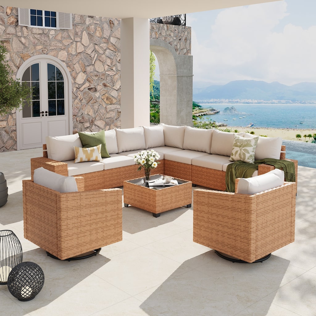 Outdoor Conversation Set L-Shaped Corner Sectional Sofa 10-Piece with Swivel Chair and Coffee Table PE Wicker Rattan
