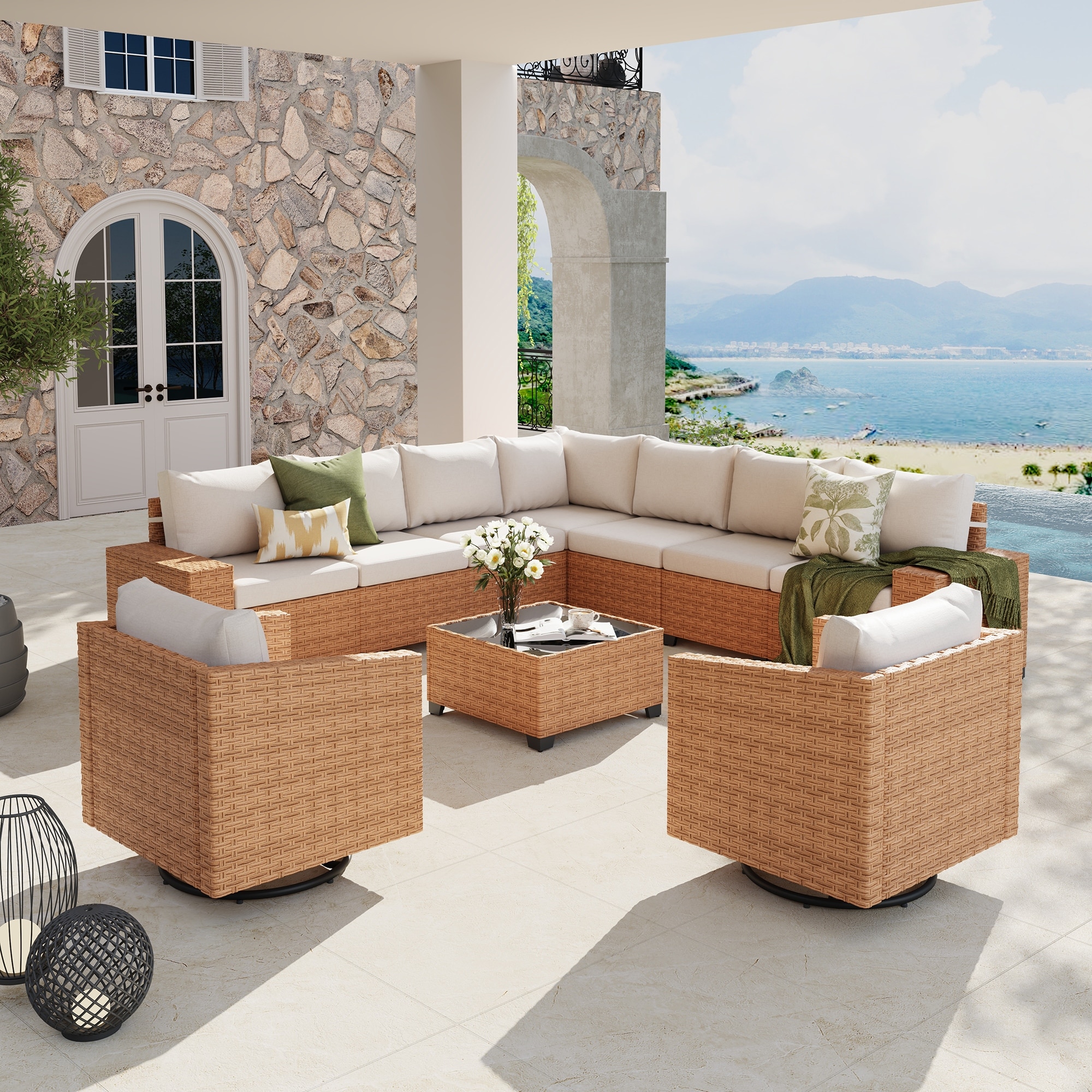 Outdoor Conversation Set L-Shaped Corner Sectional Sofa 10-Piece with Swivel Chair and Coffee Table PE Wicker Rattan