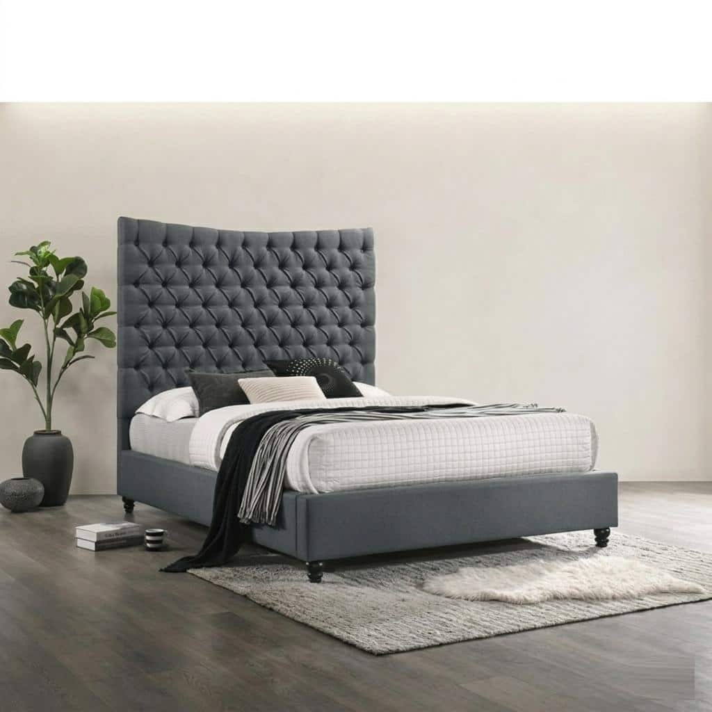 Modern Tufted California King Platform Bed Frame Wood Upholstered Bed, Dark Gray
