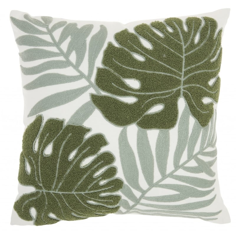HomeRoots Blue and Ivory Tropical Leaves Throw Pillow - 18"X18" - Polyester - Green