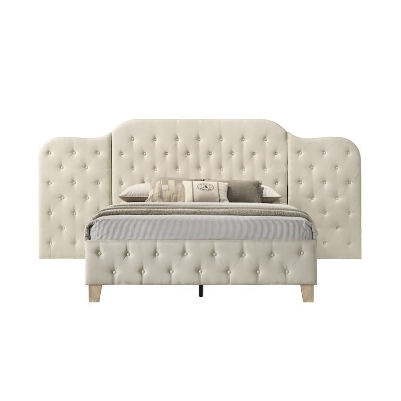 Linen Upholstered Bed with Button Tufted Headboard in Beige