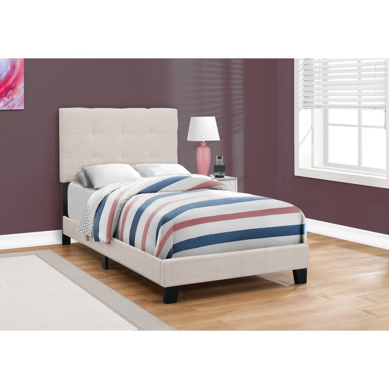 Twin Size Linen-Look Upholstered Platform Bed Frame with Tufted Headboard and Youth Design