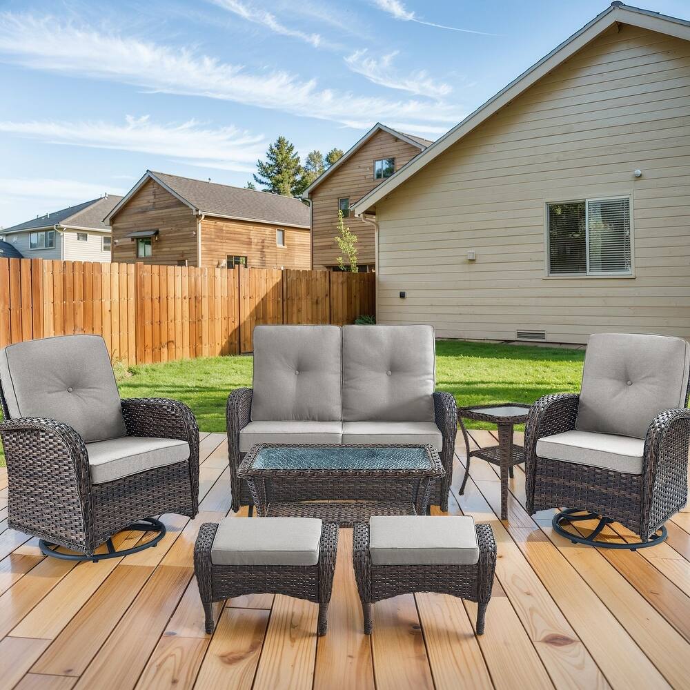 Outdoor Glider Sofa Swivel Chairs Table Ottoamns Brown-Beige - Brown