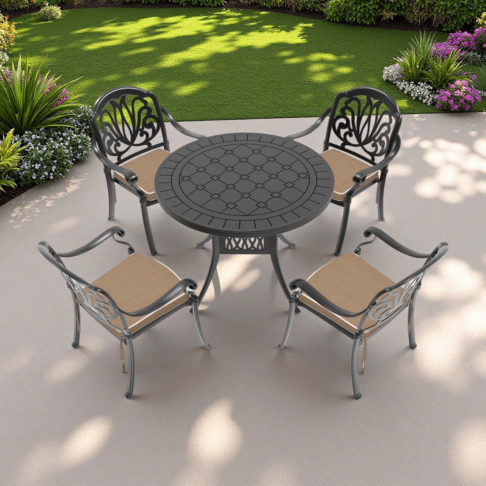 5-Piece Outdoor Patio Aluminum Dining Set with Square Table and 4 Stacking Chairs with Cushions