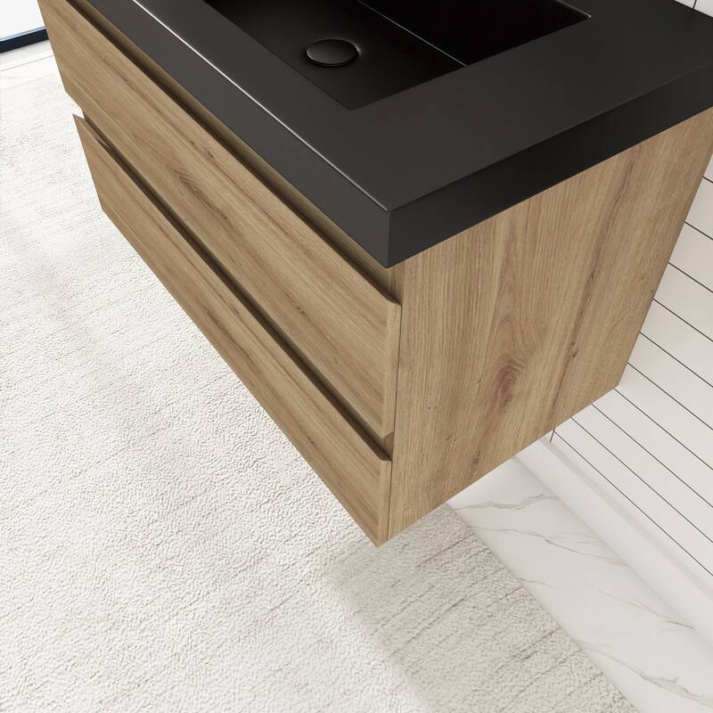 24/30/36 inch Wall-Mounted Bathroom Vanity Set in F. Oak with Integrated Black Resin Sink