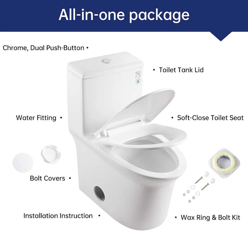 Anmytek Super Quiet One-Piece Toilet - 1.1/1.6 GPF, Elongated Comfort Height, White Ceramic with Soft Close Seat