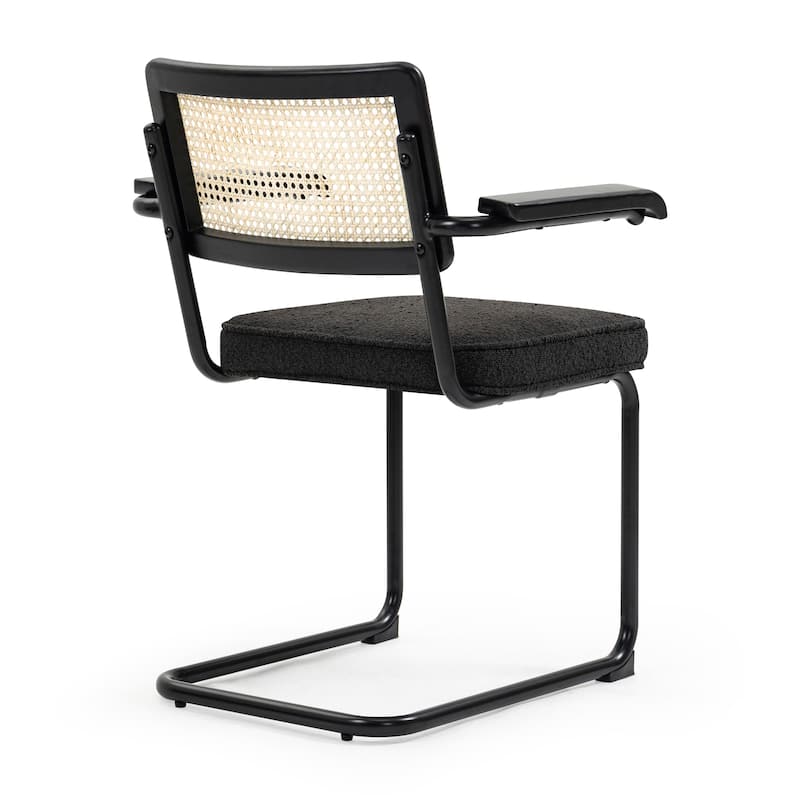 Set of 2 Azra Black Boucle Dining Chair with Rattan Backrest and Black Iron Legs