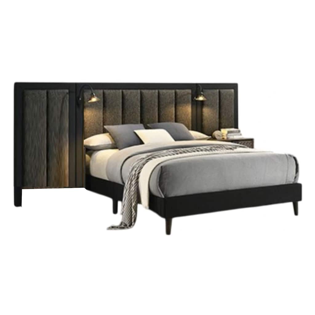 Fel Queen Size Bed, Dark Brown Wood Frame, Upholstered Headboard