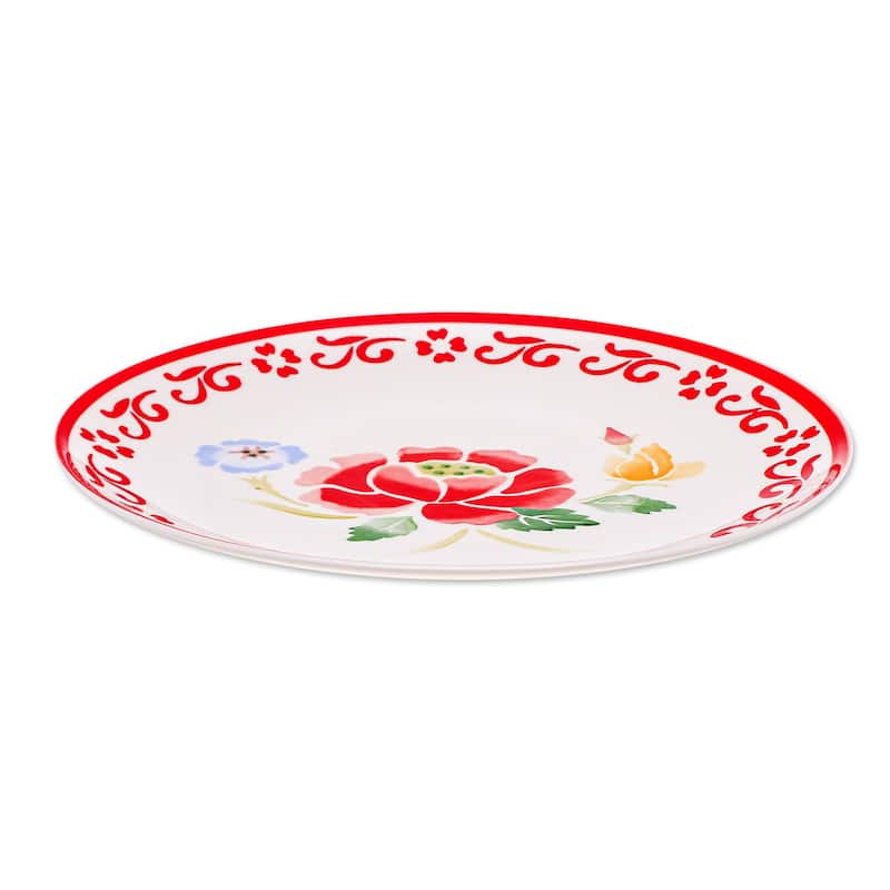 Novica Handmade Poppy Garden In Red Ceramic Dinner Plate