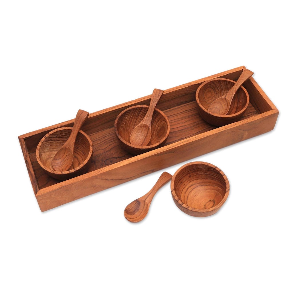 NOVICA Handmade Date Night Wood Condiment Set (9 Piece) Indonesia - 1.2" H x 2.4" Diam.