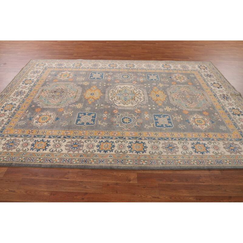 Ray Geometric Kazak Oriental Area Rug Hand-Knotted Wool Carpet - 6'7" x 9'8"