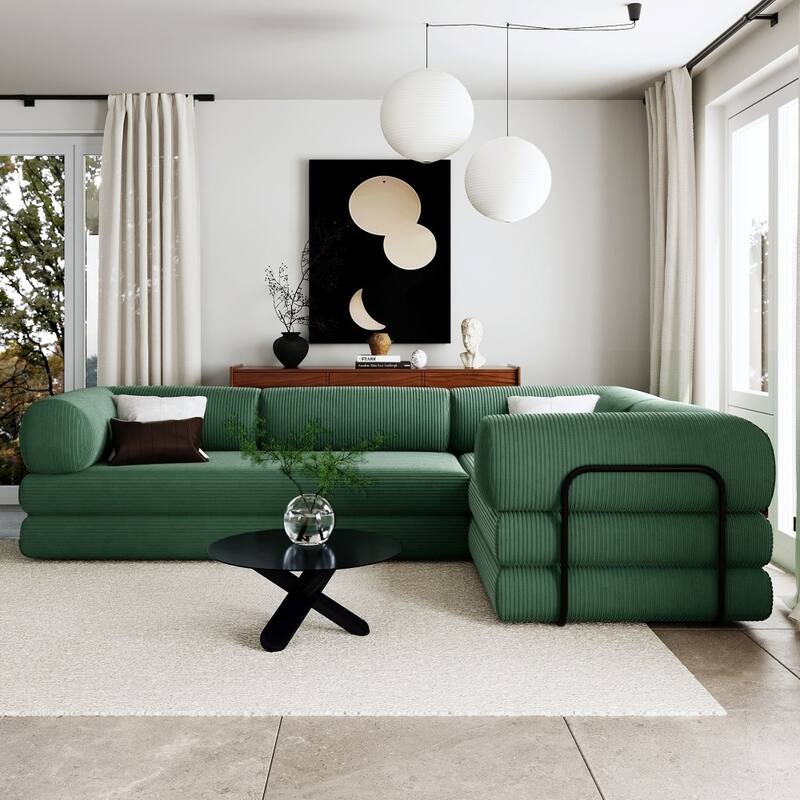 Modern Corduroy Fabric L-shaped Modular Convertible Sectional Sofa Bed for Living Room - Green
