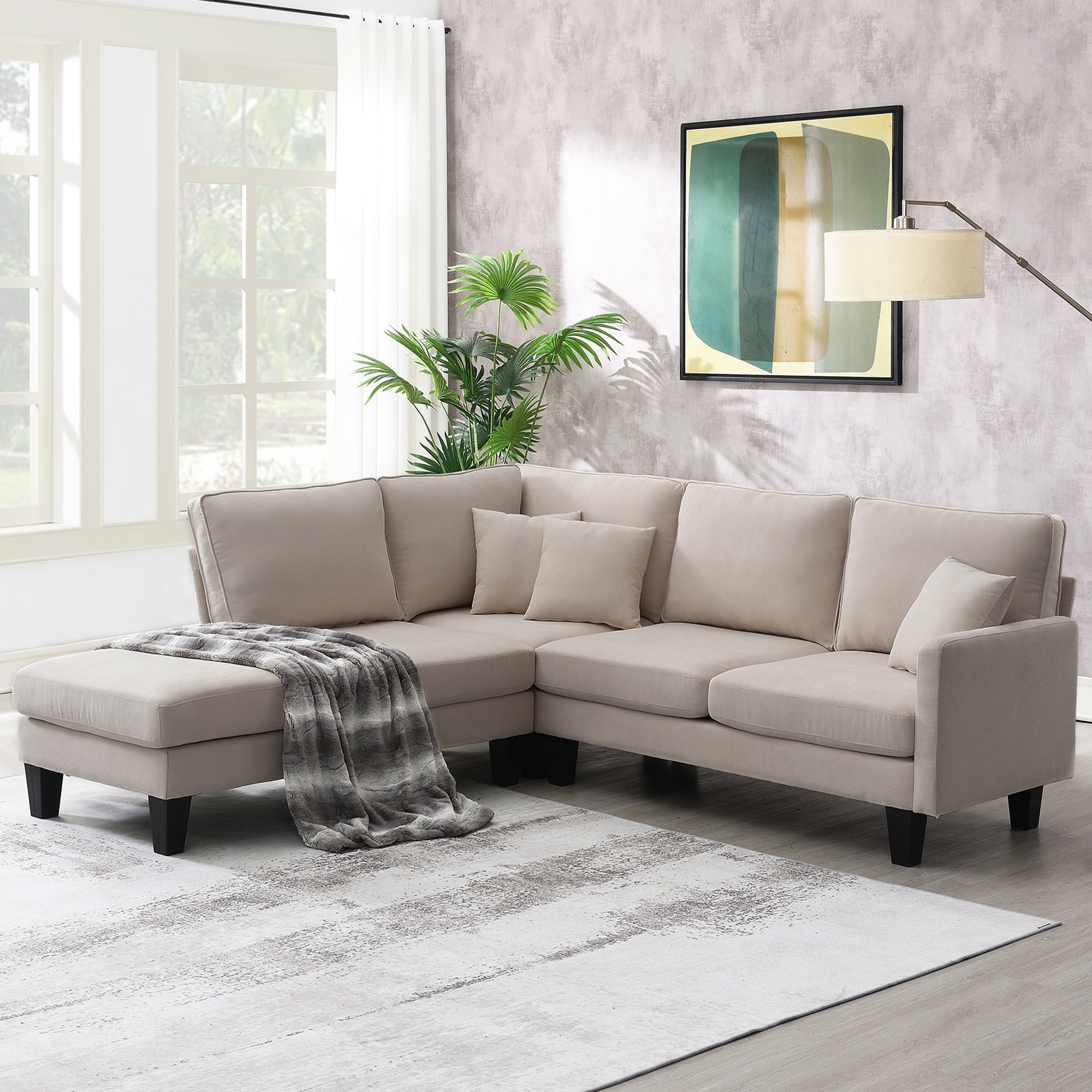 5 Seater Terrycloth Couch Set L shape Sectional Sofa Set with Chaise Lounge and 3 Throw Pillows for Living Room Beige