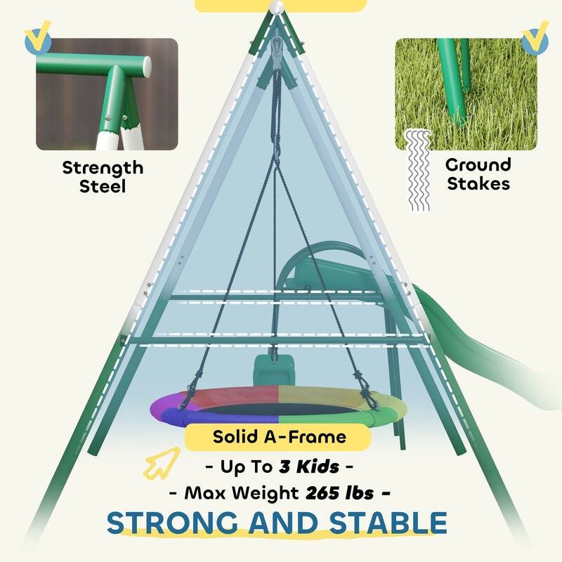 3-in-1 Kids Swing Set Saucer Slide Seat With Waterproof Material - 111.8" L x 91.3" W x 72.8" H