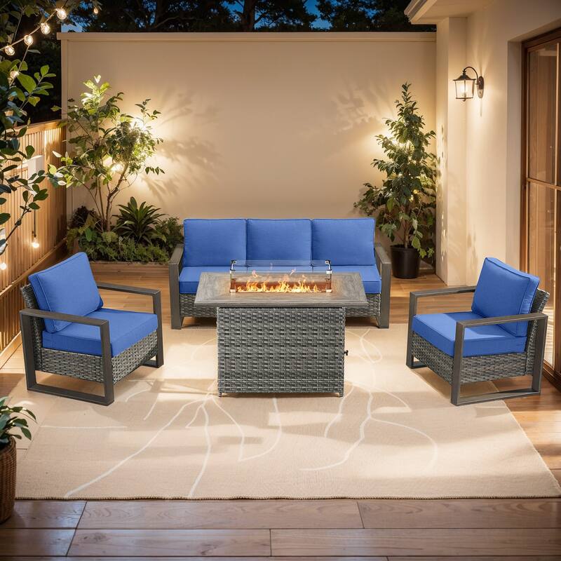 Pocassy 4 Pieces Outdoor Sofa Patio Chair with Fire Pit Table Set - Blue cushion - Gray Wicker