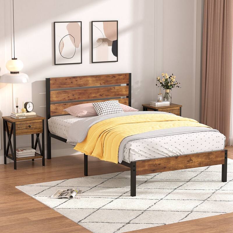 3-Pieces Bed Frame with Wood Headboard and Modern Nightstands Set of 2