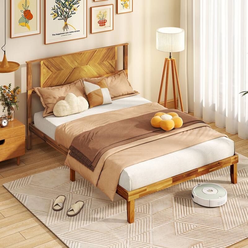 Rustic Golden Brown Twin Size Wooden Platform Bed Frame with Headboard and Under Bed Storage Acacia Wood Construction