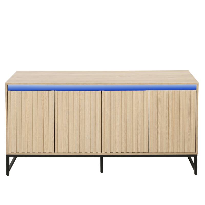 LED Sideboard Buffet Cabinet Storage Cabinet w/ Adjustable Shelf, Carved Cupboard Console Table for Living Room Hallway, Natural
