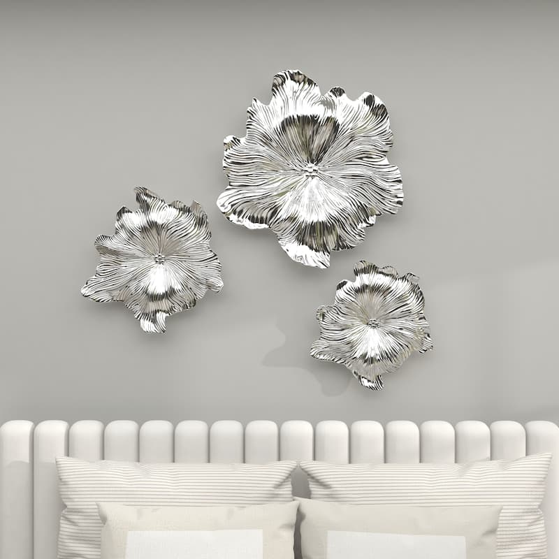Silver Polystone 3D Floral Home Wall Decor (Set of 3)