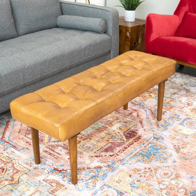 Albertina Mid-Century Modern Genuine Leather Upholstered Bench in Tan