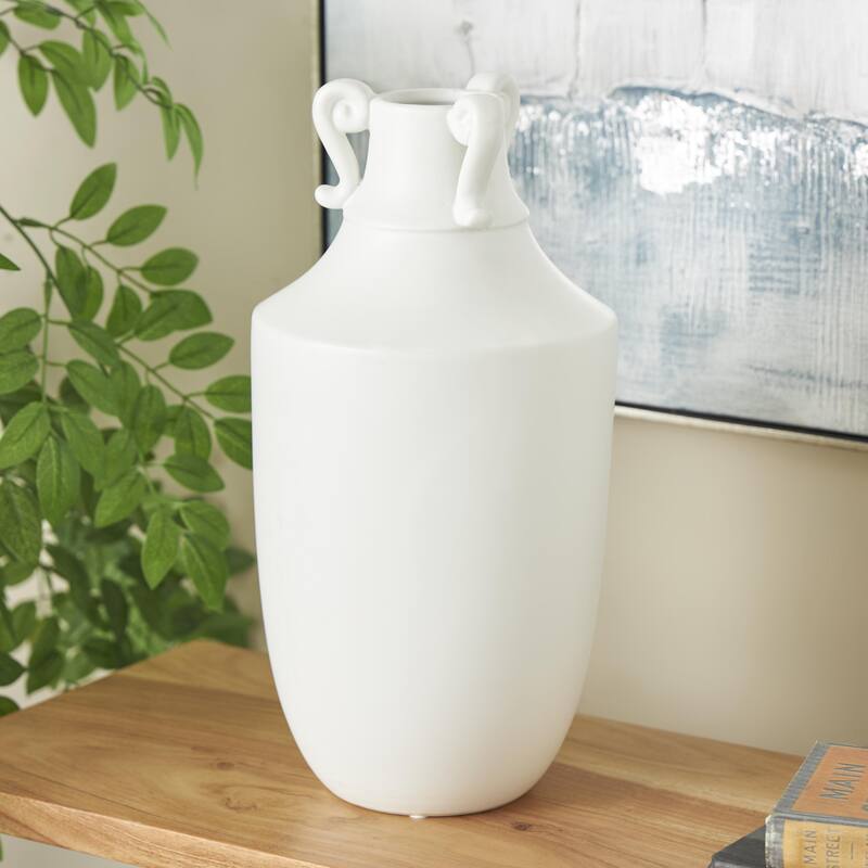 Ceramic Sleek Amphora Vase with Scroll Handles - White - Roche River Decor - 8"W x 8"L x 16"H