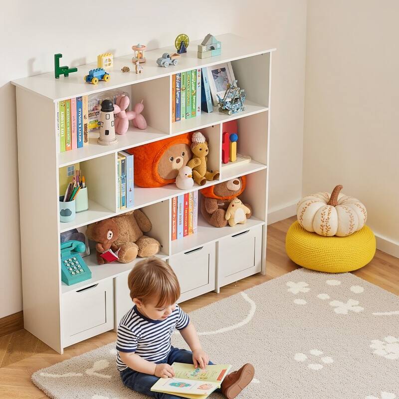 Brown Wooden Toy Storage Organizer with 11 Compartments and 4 Drawers - 49.41 x 12.99 x 46.46 in