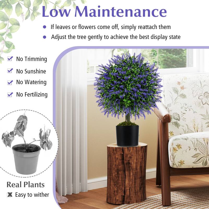 Gymax Set of 2 Artificial Lavender Topiary Ball Trees 23'' Faux