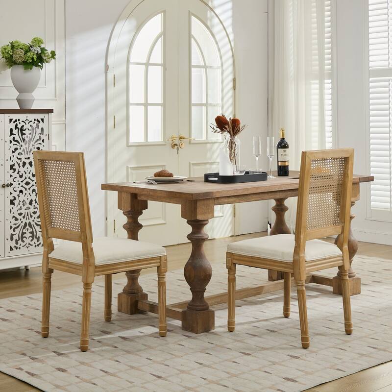 Rattan Decor Chairs Set of 2, Louis-Style Upholstered Dining Chairs with Square Rattan Backrest and Carved Solid Wood Frame