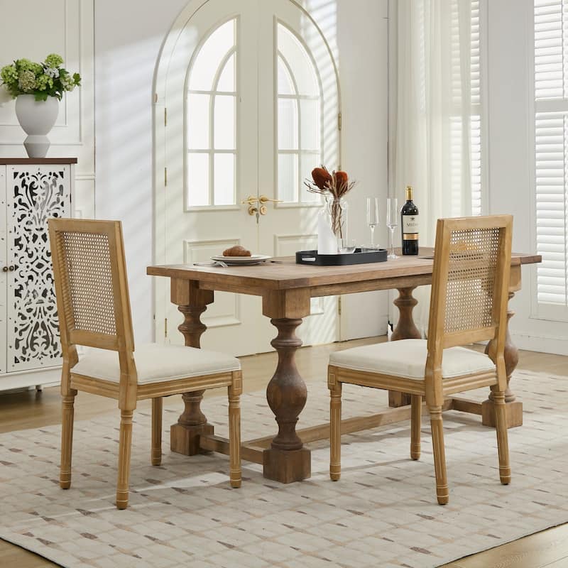 Square Rattan Backrest Dining Chairs, Solid Wood Frame Accent Chair