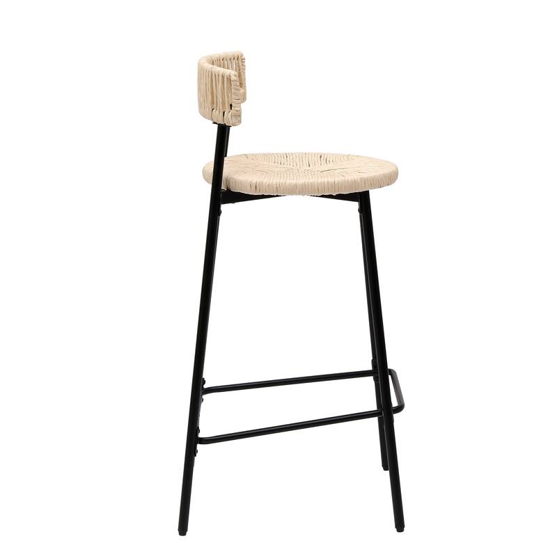 Handwoven Paper Rope Counter Stools Set of 2, Dining Chair with Back and Footrest, Kitchen Island Chair with Metal Frame