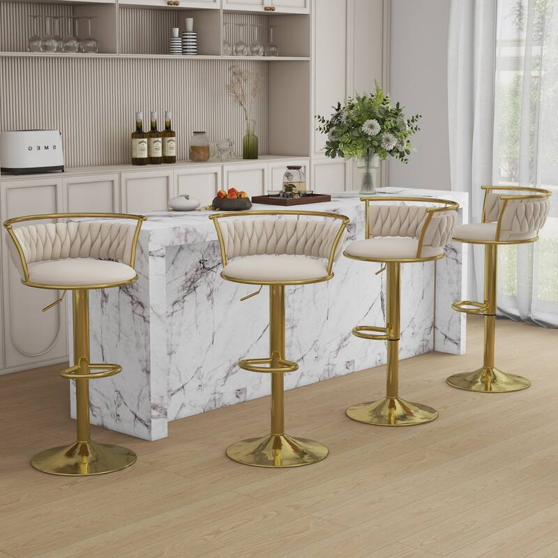 4 Set Velvet Adjustable Swivel Bar Stools With Backs - Set of 4 - Ivory 4Set