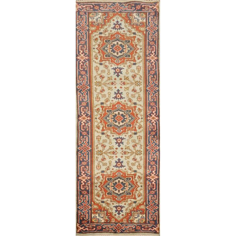 Hand Knotted Oriental 100% Wool Carpet Traditional Geometric Beige & Ivories Heriz (serapi) Runner Rug - 8' 1'' X 2' 7''