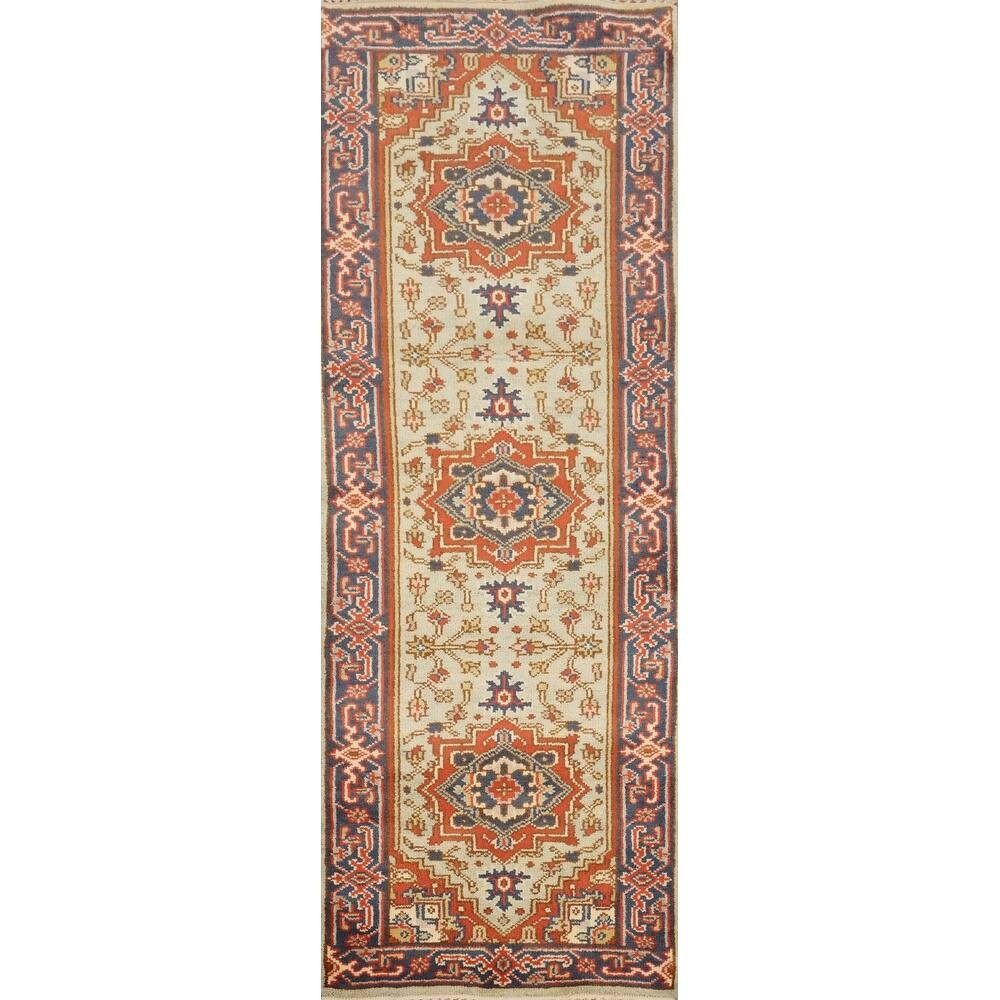 Hand Knotted Oriental 100% Wool Carpet Traditional Geometric Beige & Ivories Heriz (serapi) Runner Rug - 8' 1'' X 2' 7''