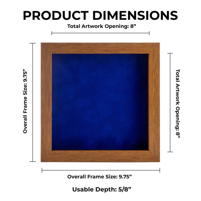 8x8 Shadow Box Frame Light Brown Wood | With a 3/4" Usable Display Depth | Includes a Royal Blue Real Suede Texture Acid-Free