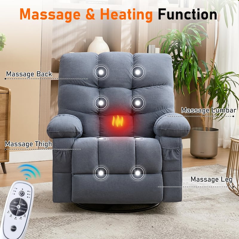 Oversized Massage Swivel Rocker Recliner Chair with Lumbar Heating and Side Pocket & USB Charge Port, Living Room Single Sofa