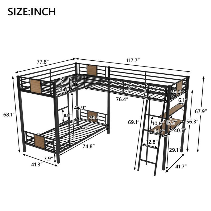 Twin Metal L-Shaped Bunk Bed with Loft, Shelves, Desk, and Guardrails