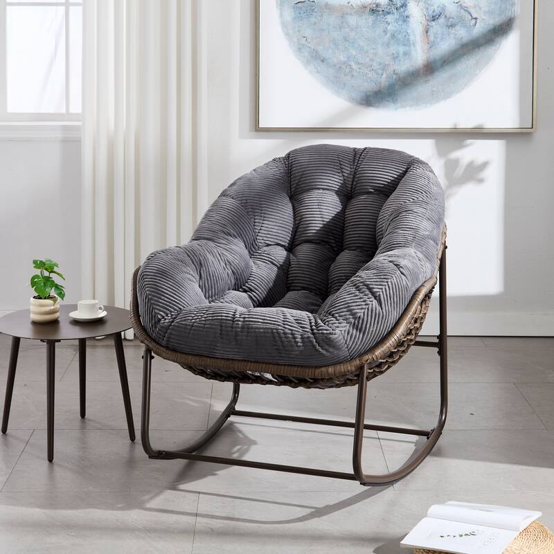 Velvet Rocking Chair with Faux Fur and Steel Frame - 43.70"D x 37.20"W x 31.50"H - Grey