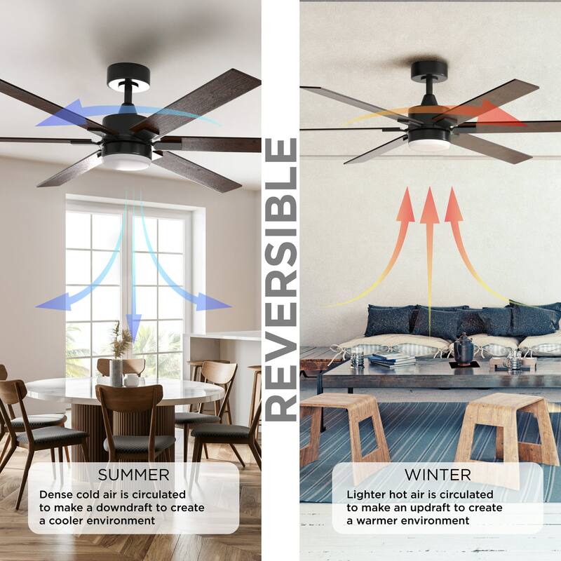 ProMounts All Seasons 60" Ceiling Fan with Light, Quiet, Alexa/Google, 3 Color LED Lights, Reversible, Walnut