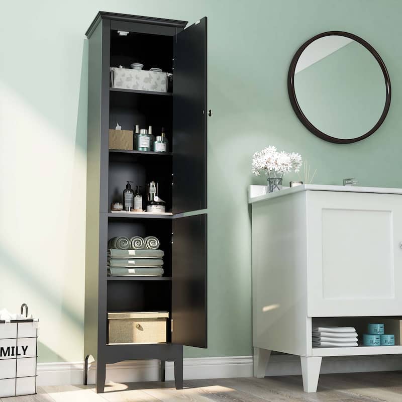 Costway Tall Bathroom Floor Cabinet Narrow Linen Tower with 2 Doors & - See Details